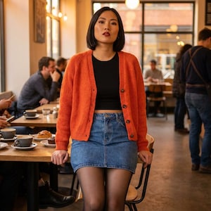 May include: A woman in a cafe wearing an orange cardigan, black top, and denim skirt. She is standing in front of a table with coffee cups and pastries. Other people are in the background, some using phones. The cafe has large windows.