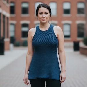 May include: A sleeveless, navy blue top with a textured, diagonal pattern across the chest. The top has a rounded neckline and a slightly flared hem. The person is wearing black pants. The background features a brick building.
