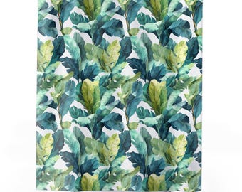 Tropical Banana Leaf Shower Curtain | Seafoam Teal Green Lime Watercolor Palms