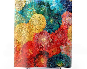 Colorful  Floral Shower Curtain | Coral Red Yellow Green Teal Mosaic-look Flowers Pattern