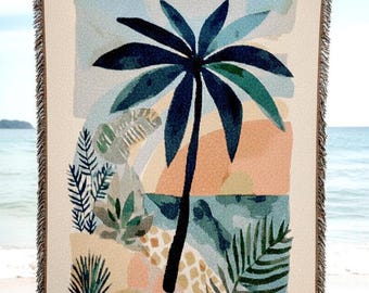 Tropical Palm Abstract Woven Blanket | Coastal Botanical Throw, Colorful Island Vibe