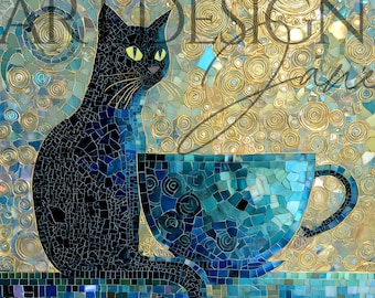 Coffee Cat Mosaic Digital File Tea Cup Print Art
