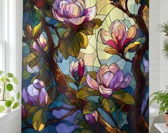 Stained Glass Magnolia Flower Shower Curtain | Garden Bathroom Decor