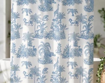 Blue Toile Safari Shower Curtain | Jungle Animals Botanical Bath Decor