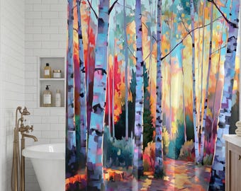 White Birch Forest Shower Curtain | Colorful Woodland Path 71" x 74" Fabric Curtain