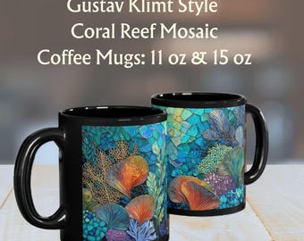 Klimt Style Coral Reef Mug | Mosaic Look Black Ceramic Coffee Cup