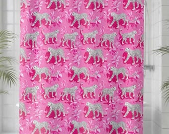 White Cheeta Pink Shower Curtain | Tropical Leaf Leopard Print Bath Curtain