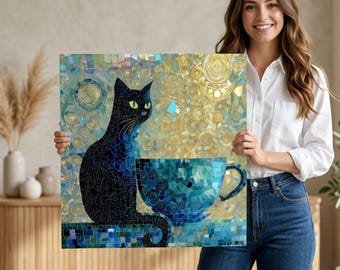 Coffee Tea Cup Canvas Wall Art, Ready to Hang Cat Print