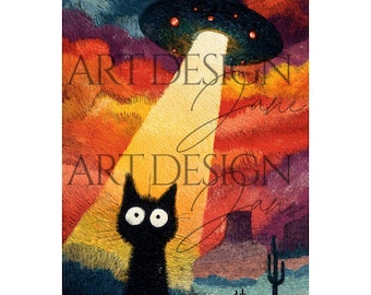 Alien Cat Abduction Digital File Funny Space Cat Art JPG