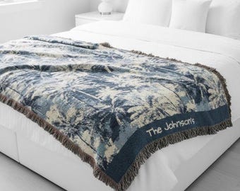 Personalized Palm Tree Toile Woven Blanket, Blue Coastal Cotton Throw