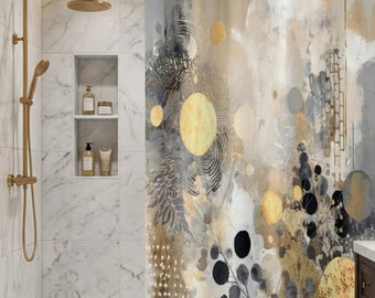 Abstract Gold Cream Gray Botanicals Shower Curtain | Golden Circles Elegant Bath Decor