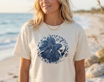 Blue Betta Fish Boxy Cropped Tee | Custom Colors Roomy Summer Crop Shirt