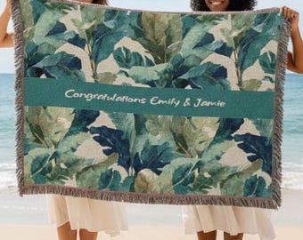 Personalized Botanical Woven Cotton Blanket, Tropical Leaves, Green Teal Sage Emerald Fringe Throw