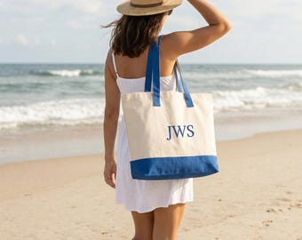Monogram Zip Top Tote Bag | Full Zipper Secure Tote Bag, Initials Personalized Bag