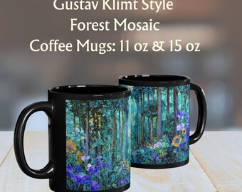 Blue Floral Forest Mug | Gustav Klimt Mosaic Look Black Ceramic Coffee Cup
