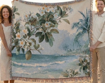 Plumeria Ocean Woven Blanket Soft Blue Teal Green Fringed Weave Throw