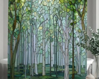 Eucalyptus Stained Glass Shower Curtain, Woodland Forest Sage Green Teal Blue Tree Bath