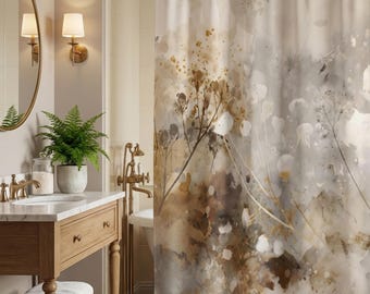 Neutral Wildflowers Shower Curtain Gray Beige Botanical Aesthetic Art Print