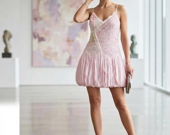 Pink Lace Mini Dress | Deep V Spaghetti Strap, Bubble Hem Ruffle A-Line