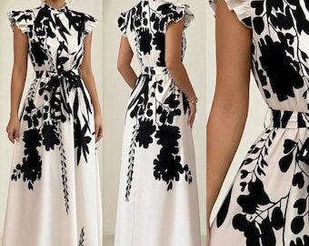 Black & White Patchwork Maxi Dress | Sleeveless Ball Gown, Slim Fit, Sash Detail