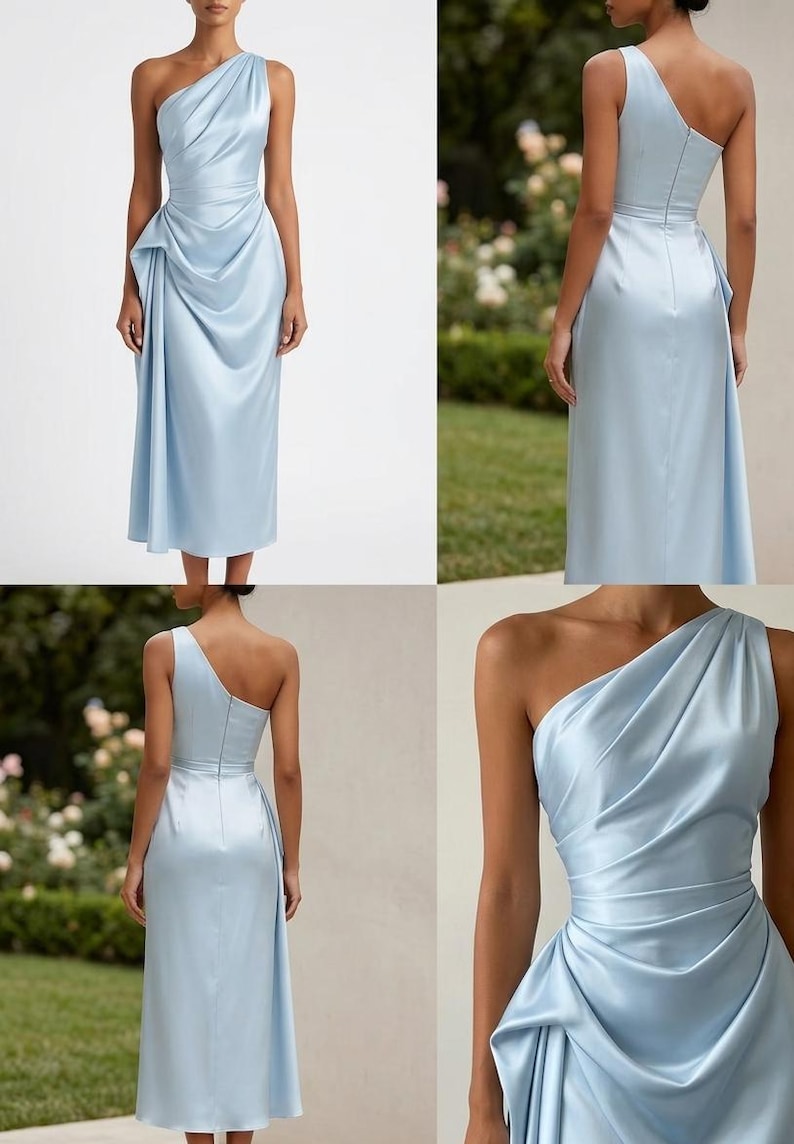 May include: A light blue, one-shoulder dress with a draped bodice and a knee-length skirt. The dress features a fitted waist and a flowing, asymmetrical design. The fabric has a satin sheen, giving it a luxurious appearance.