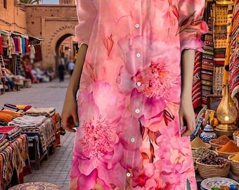 Plus Size Floral Maxi Shirt Dress | Long Sleeve Boho Ankle Length Turn-Down Collar