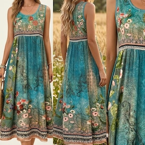 Boho Floral Midi Dress | Turquoise Vintage Print, Sleeveless A-Line Sundress