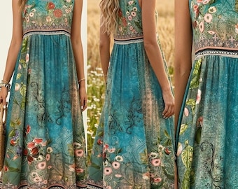Boho Floral Midi Dress | Turquoise Vintage Print, Sleeveless A-Line Sundress