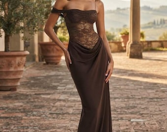 Off Shoulder Lace See Through Maxi Dress | Backless Sheer Gown | Wedding Guest Dress | Prom 2026 | High Slit Evening Gown | 3 Colors