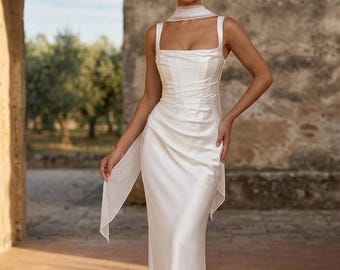 Satin Ribbon Backless Maxi Dress | Square Neck Ruched Mermaid | Wedding Guest Dress | Prom 2026 | High Slit Evening Gown | 4 Colors