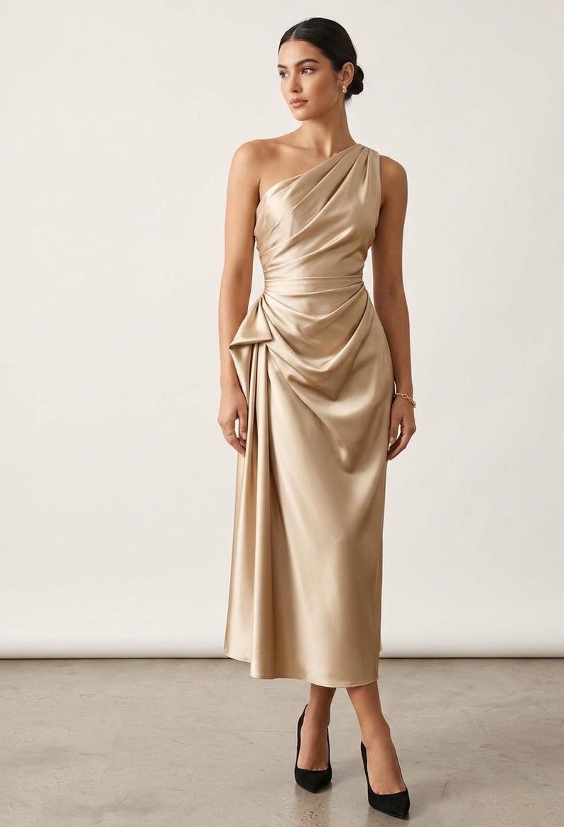 May include: A gold-colored, one-shoulder midi dress. The dress features draped fabric across the bodice and a gathered waist. The skirt falls to the mid-calf, and the model is wearing black heels.