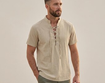 Men's Linen Cotton Pirate Shirt | Short Sleeve V-Neck Summer Top