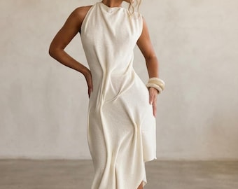 Ruched Halter Backless Maxi Dress | High Slit Asymmetric Gown | Women Wedding Guest Dress | Sleeveless Elegant Evening Gown | 2 Colors