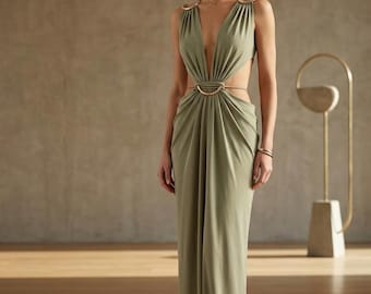 Spaghetti Strap Cutout Maxi Gown | High Slit Backless Ruched | Formal Evening Gown | Wedding Guest Dress | Prom 2026 | S–XL