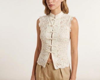 Y2K Lace Crop Top with Chinese Frog Buttons | Sleeveless Streetwear Vest