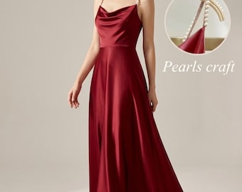 Pearl Strap Satin Cowl Neck Dress | Backless A-Line Floor Gown | Women Wedding Guest Dress | Prom 2026 Elegant Slip Gown | Multiple Colors