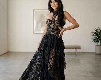 Lace Patchwork Halter Gown | Cutout Waist, Fit Flare Ankle Dress | Evening Party Club Gown
