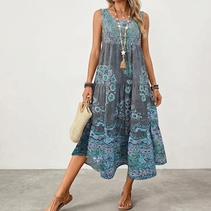 Printed Spaghetti Strap Midi Dress | A-Line Loose Sundress, Beach Holiday Casual Summer Vacation Dress