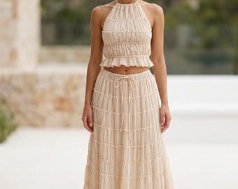 Backless Halter Maxi Set | Lace Up Ruched Boho Outfit | Beach Vacation Skirt Set