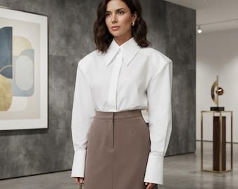 Women White Puff Sleeve Blouse – White Blouse Womens Blouse Long Sleeve Blouse Elegant Blouse Office Blouse Collared Fashion Top