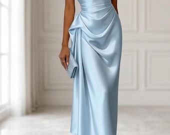 One-Shoulder Satin Midi Dress | Ruched Waist Formal Gown, Elegant Evening Wear