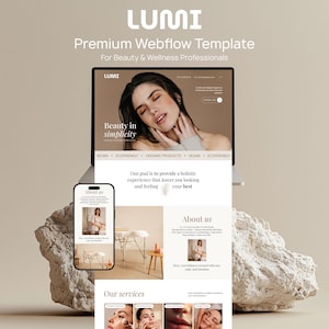 May include: A laptop and smartphone display a website template for beauty and wellness professionals. The website features a woman, text that reads "Beauty in simplicity", and the words "VEGAN" and "ECOFRIENDLY". The template is presented on a neutral background.