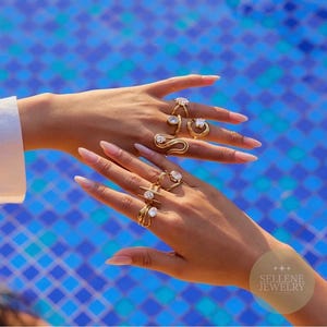 Gold Statement Rings Set – Adjustable Open Rings with Crystal Stones