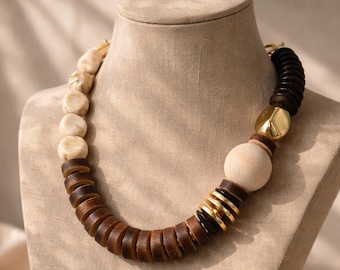 Chunky Wood Disc Bead Necklace | Earthy Boho Statement Necklace | Ivory Stone & Gold Accent | Handmade Organic Jewelry | Gift
