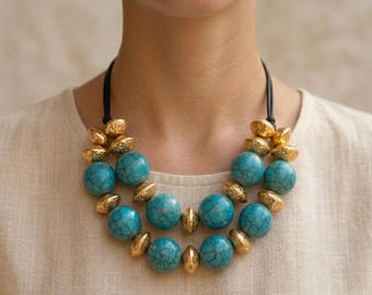 Collar babero turquesa estilo bohemio | Joyería étnica elegante con detalles dorados | Collar vintage de varias hebras para mujer | Regalo bohemio único