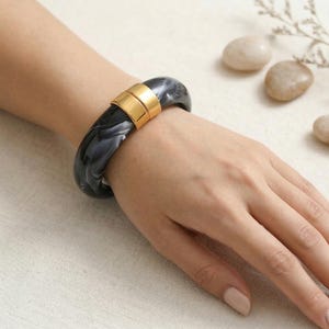 Chunky Acrylic Marble Bangle | Gold Stainless Steel Cuff Bracelet |for Women | Bold Statement Jewelry | Luxury Modern Gift for Her