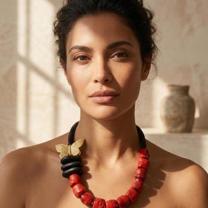 Chunky Red Stone Statement Necklace | Handmade Butterfly Beaded Necklace | Bold Artisan Jewelry for Women | Unique Gift for Her