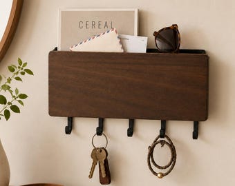 Wooden Entryway Mail Organizer With Key Hooks, Rustic Wall Storage Rack