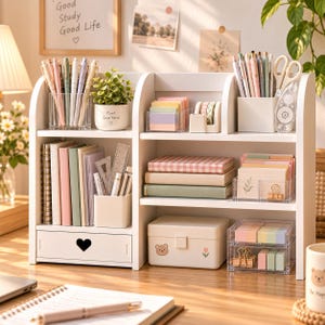 May include: A white wooden desk organizer with multiple shelves and a heart-shaped drawer pull. It holds various pastel-colored notebooks, pens, sticky notes, a small potted plant, and a storage box with a bear sticker. The unit is filled with stationery.