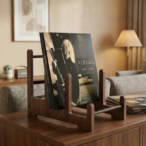 May include: A wooden record holder with a dark finish, holding a Nirvana "Raw Power" 3-disc set album. The album cover features a black and white image of a person playing a guitar. The holder is on a wooden cabinet.